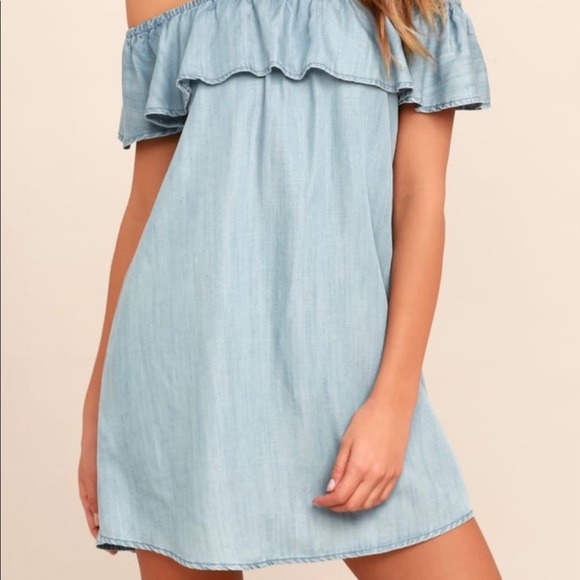 Lulus | Dresses | Lulus Light Blue Off The Shoulder Chambray Ruffle ...